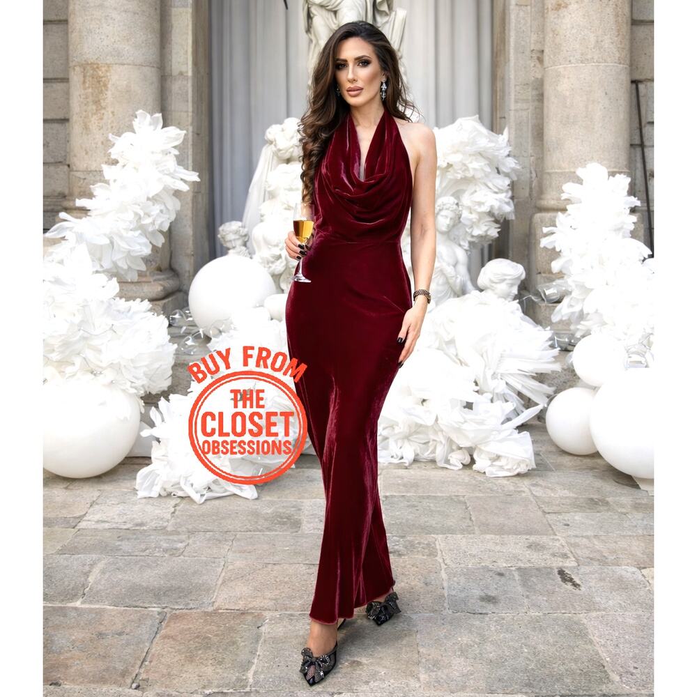 Zara NWT Raspberry Velvet Halter Open Back Maxi Dress M - Picture 5 of 16